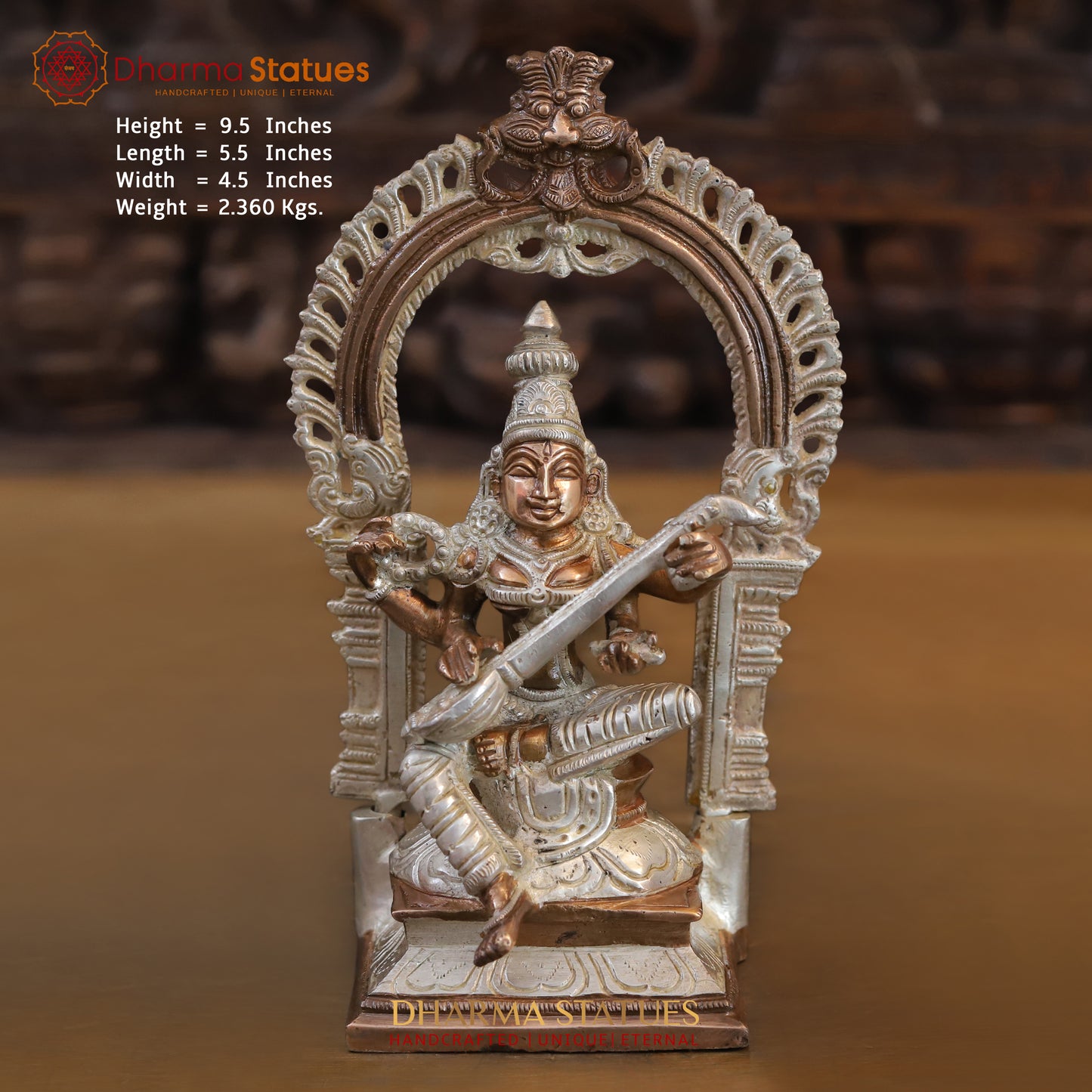Brass Saraswati seated with Frame, Silver & Copper Finish, 9.5"