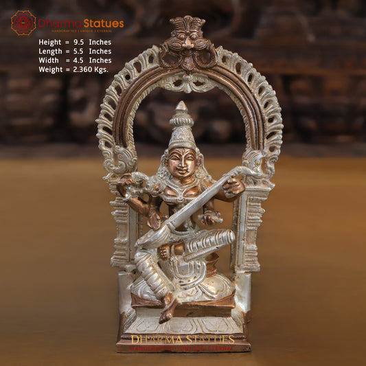 Brass Saraswati seated with Frame, Silver & Copper Finish, 9.5"