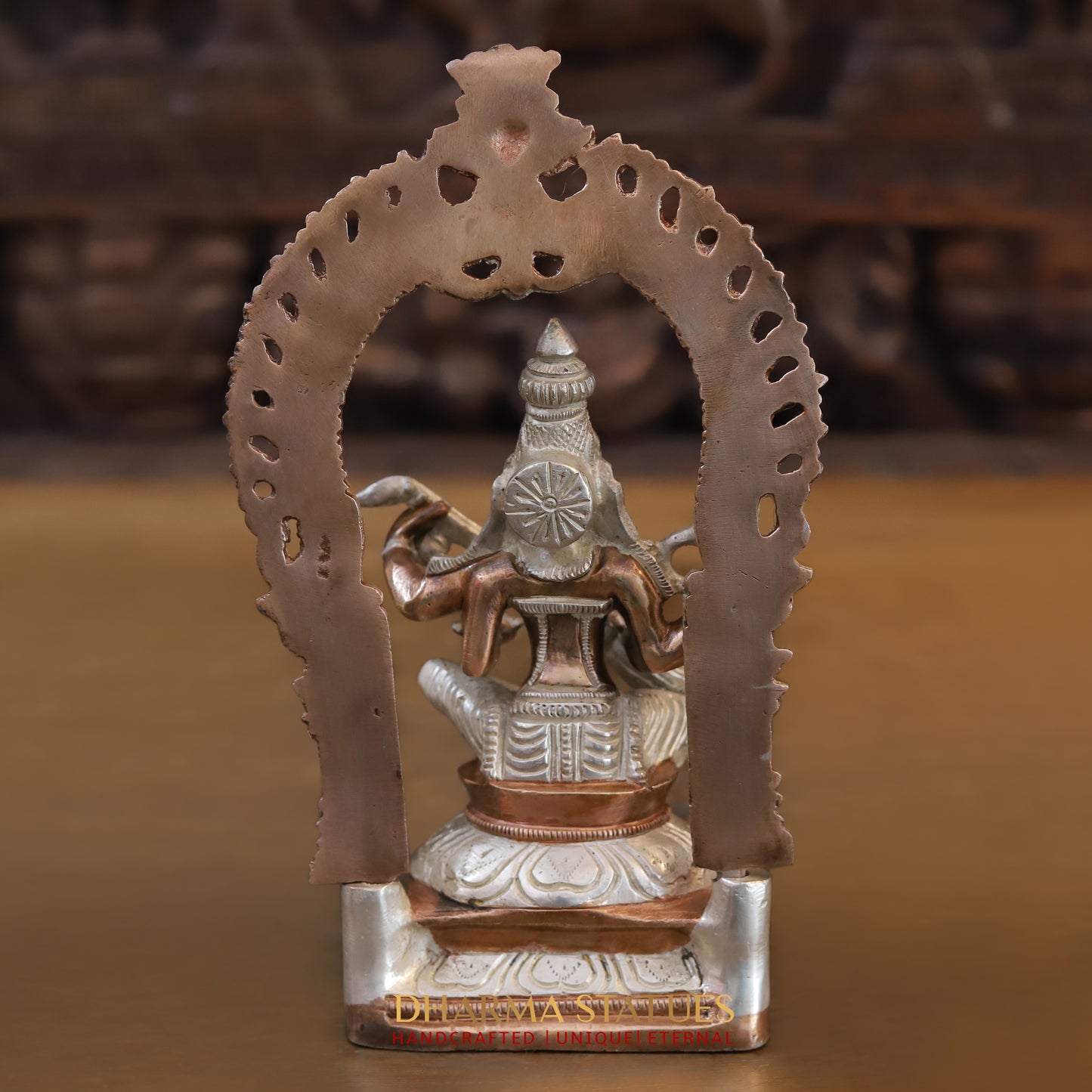 Brass Saraswati seated with Frame, Silver & Copper Finish, 9.5"