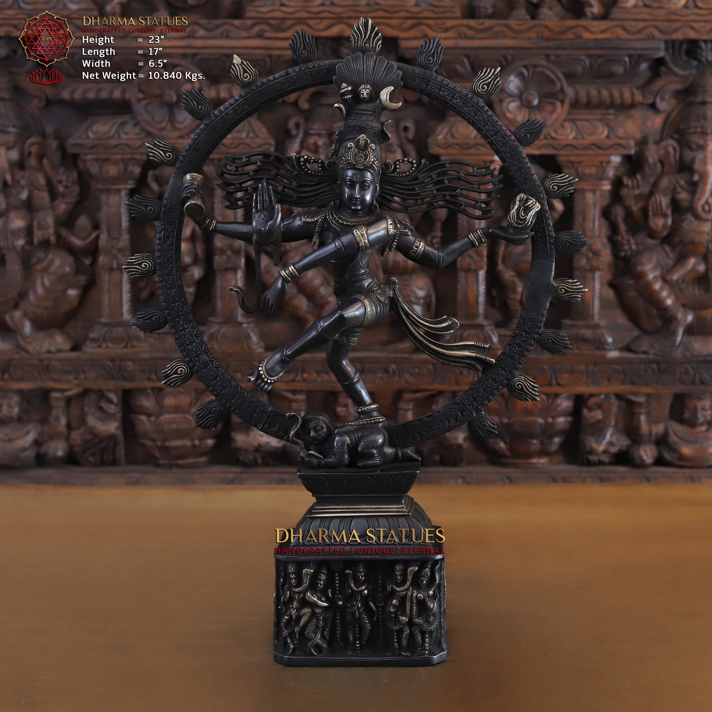 Brass Nataraja, Dancing Shiva Standing on Pedestal, Black Patina & Golden Finish, 23"