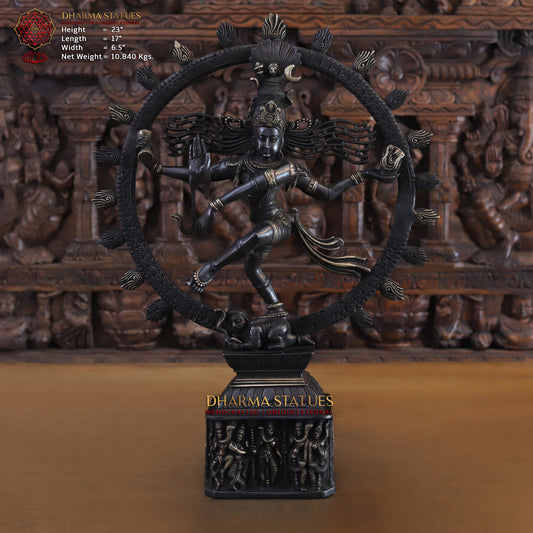 Brass Nataraja, Dancing Shiva Standing on Pedestal, Black Patina & Golden Finish, 23"