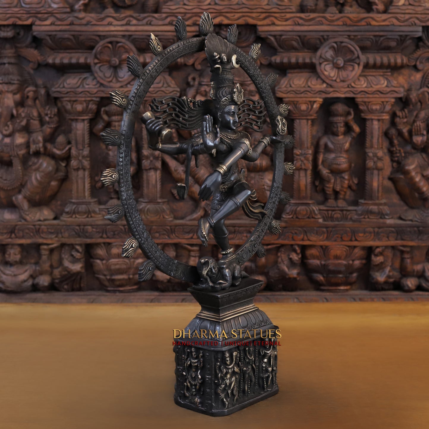 Brass Nataraja, Dancing Shiva Standing on Pedestal, Black Patina & Golden Finish, 23"