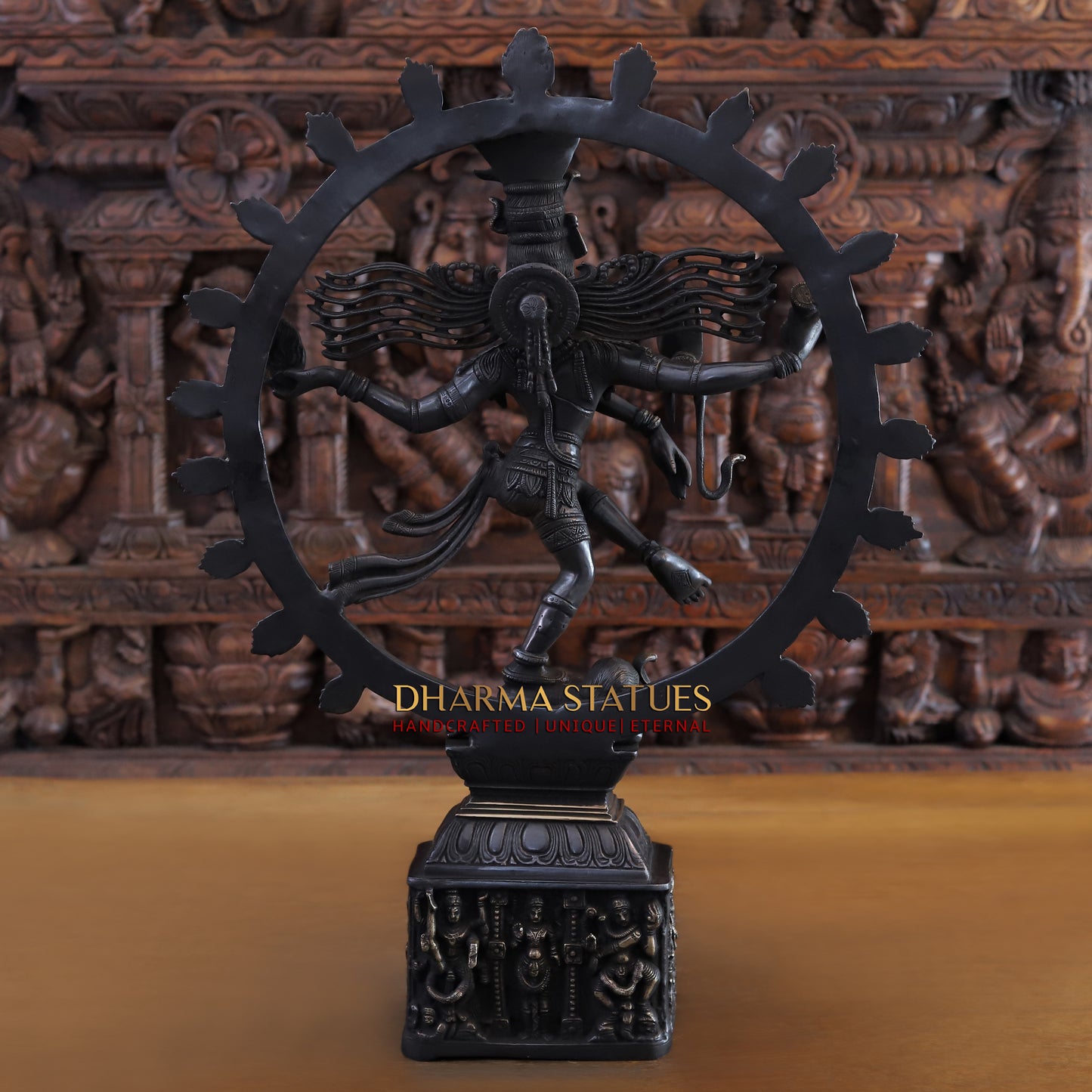 Brass Nataraja, Dancing Shiva Standing on Pedestal, Black Patina & Golden Finish, 23"