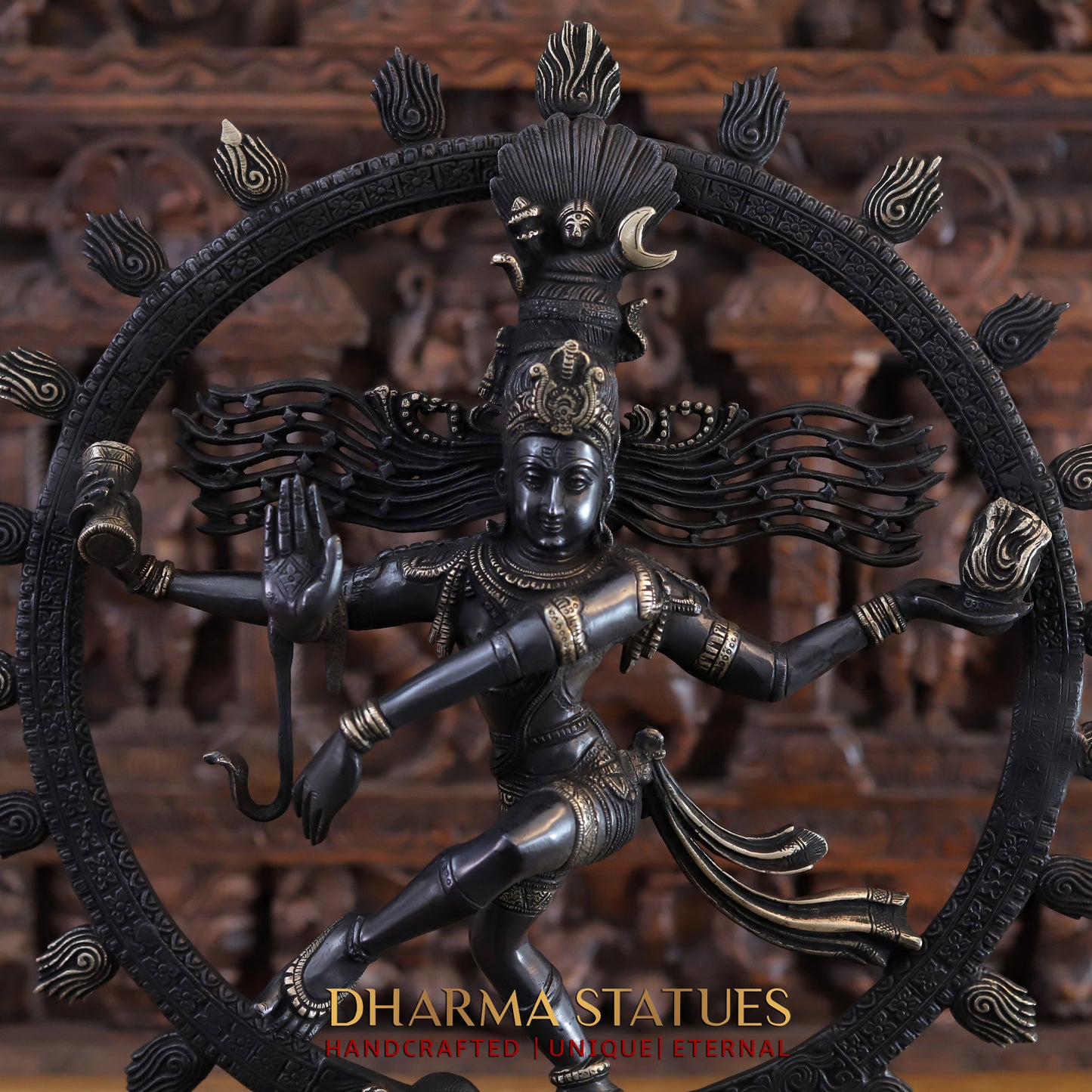 Brass Nataraja, Dancing Shiva Standing on Pedestal, Black Patina & Golden Finish, 23"