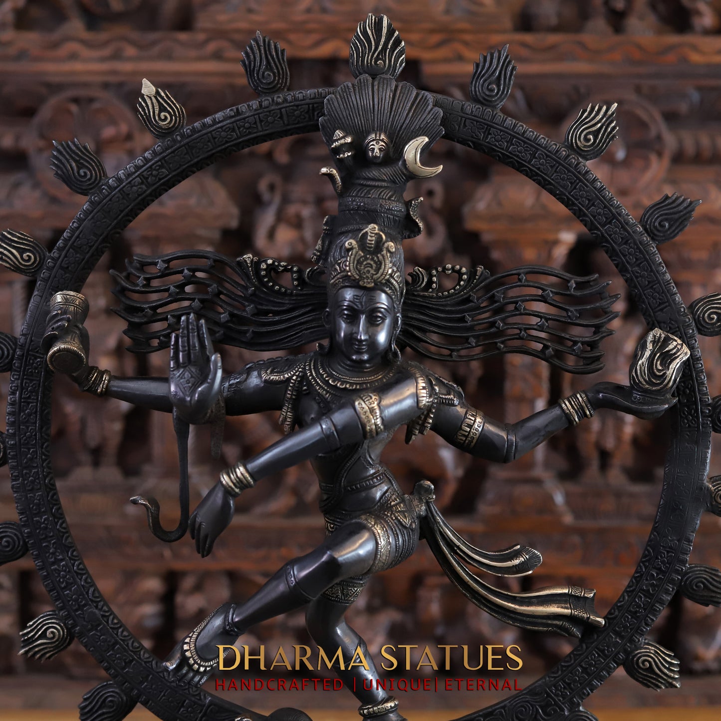 Brass Nataraja, Dancing Shiva Standing on Pedestal, Black Patina & Golden Finish, 23"