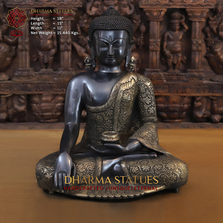 Brass Buddha seated in Bhumisparsha Mudra, Black Patina & Golden Finish, 18"