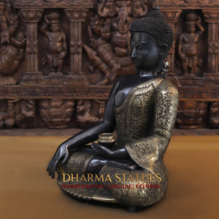 Brass Buddha seated in Bhumisparsha Mudra, Black Patina & Golden Finish, 18"