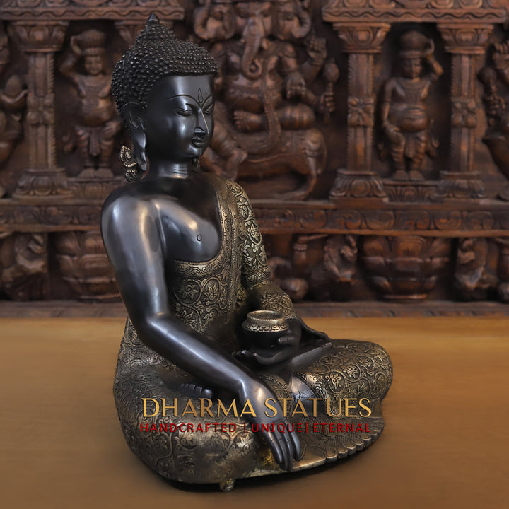 Brass Buddha seated in Bhumisparsha Mudra, Black Patina & Golden Finish, 18"