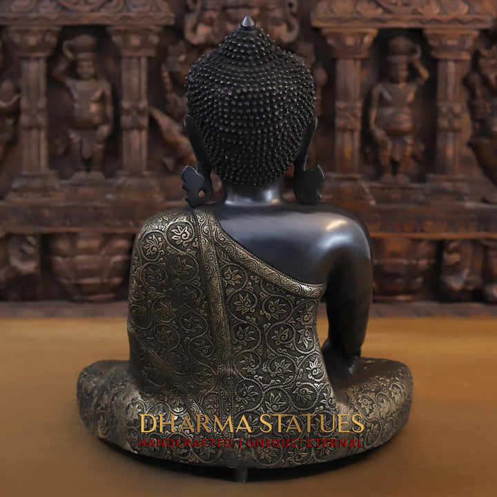 Brass Buddha seated in Bhumisparsha Mudra, Black Patina & Golden Finish, 18"