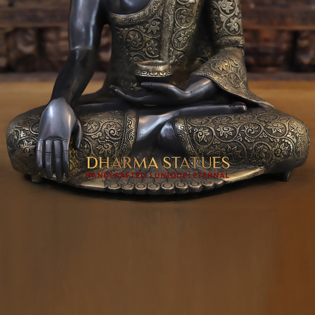 Brass Buddha seated in Bhumisparsha Mudra, Black Patina & Golden Finish, 18"