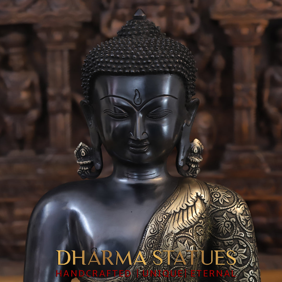 Brass Buddha seated in Bhumisparsha Mudra, Black Patina & Golden Finish, 18"