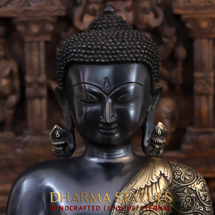 Brass Buddha seated in Bhumisparsha Mudra, Black Patina & Golden Finish, 18"