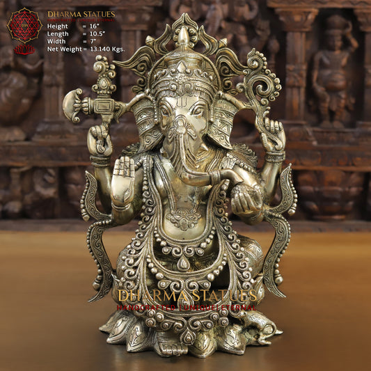 Brass Ganesh seated on Lotus, Blessing Posture, Fine Golden Finish, 16"