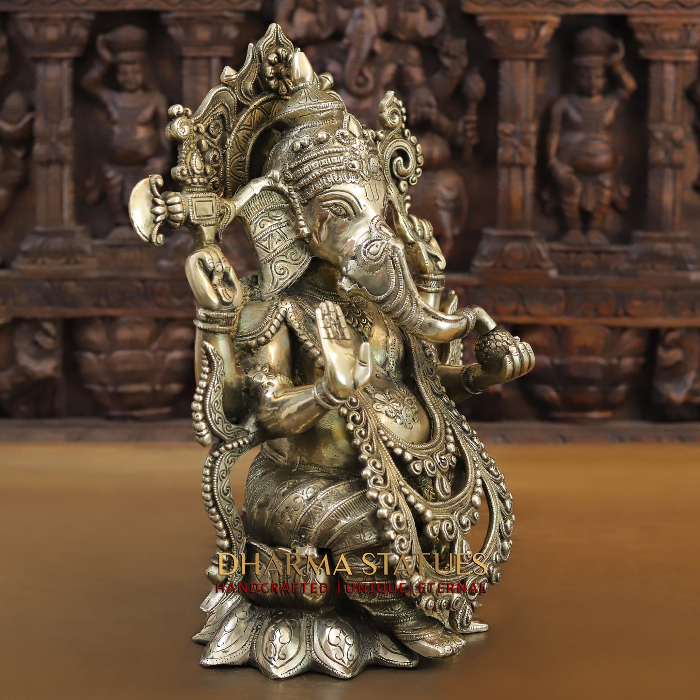 Brass Ganesh seated on Lotus, Blessing Posture, Fine Golden Finish, 16"