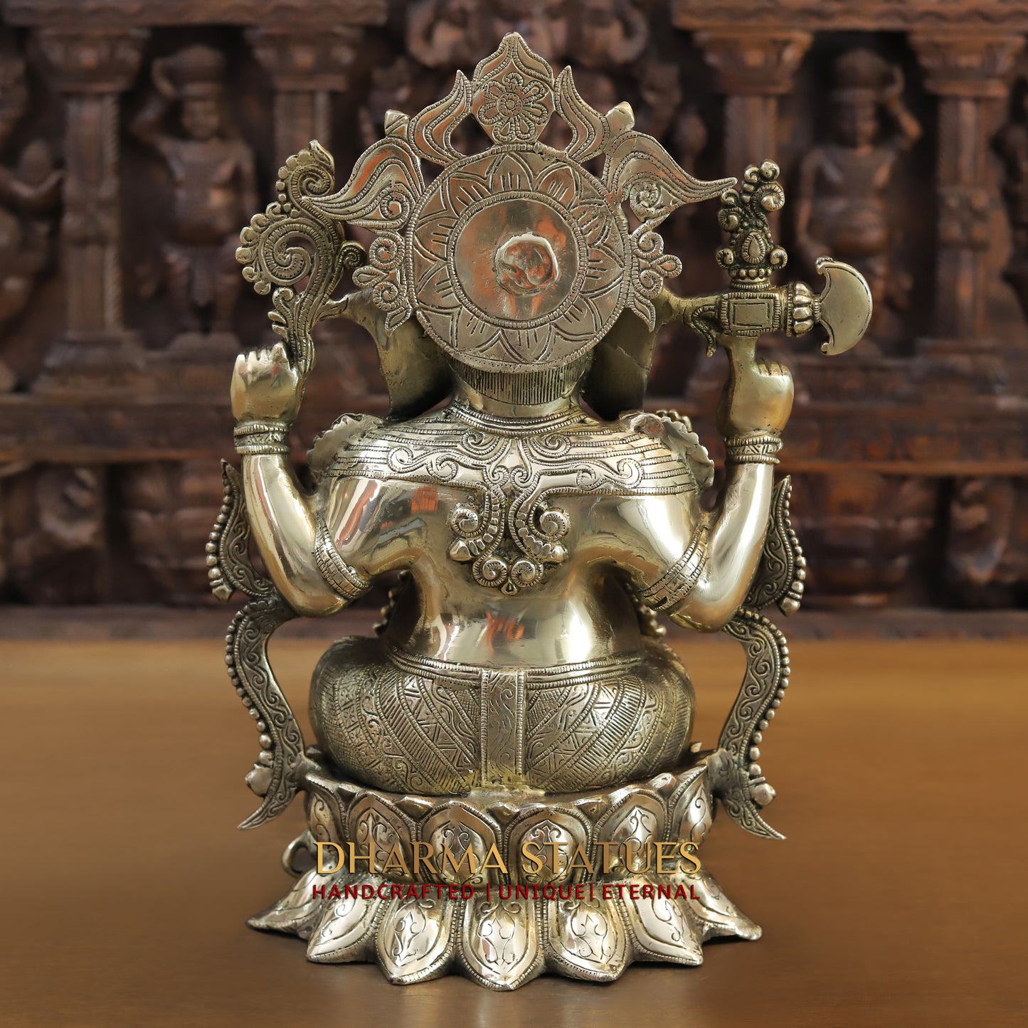 Brass Ganesh seated on Lotus, Blessing Posture, Fine Golden Finish, 16"
