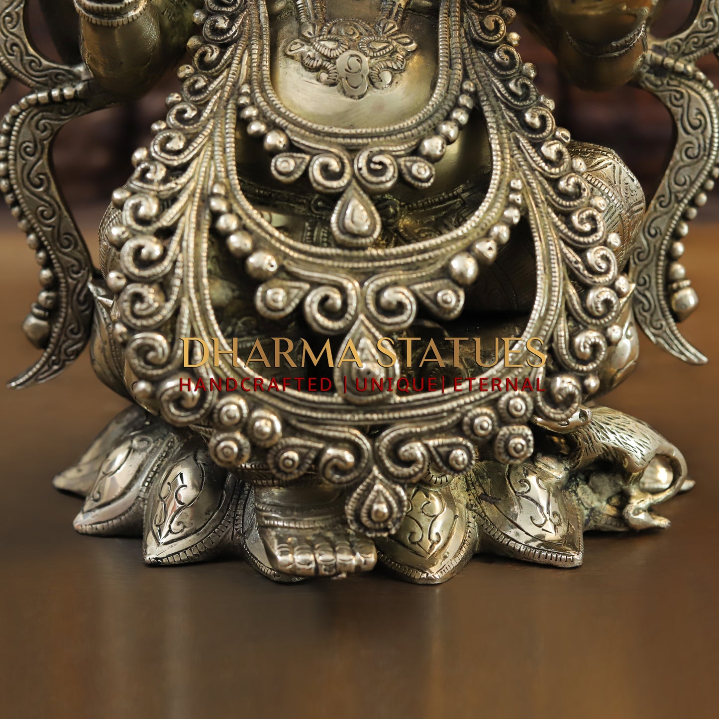 Brass Lakshmi & Ganesh seated on Lotus, Blessing Posture, Fine Golden Finish, 16"