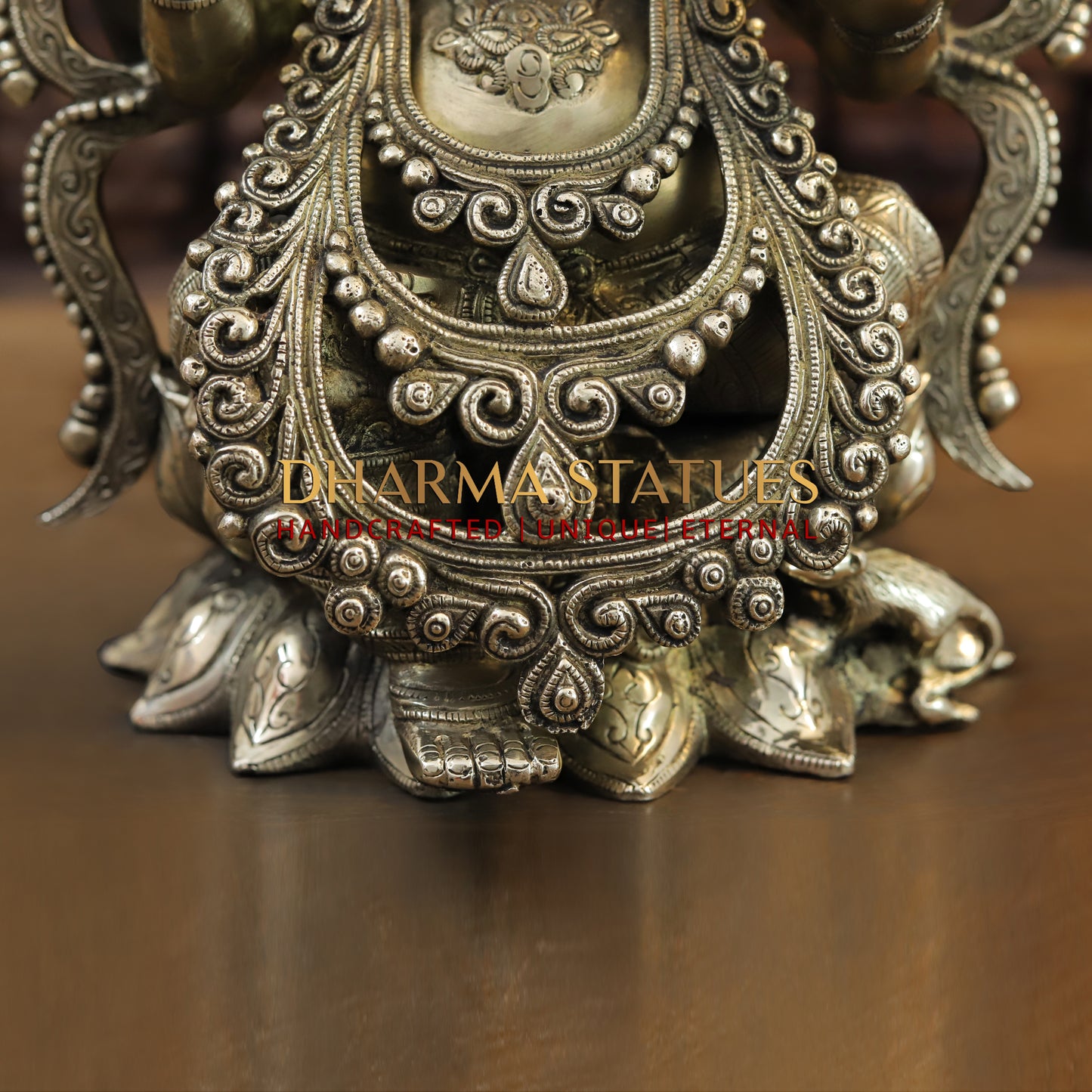 Brass Ganesh seated on Lotus, Blessing Posture, Fine Golden Finish, 16"