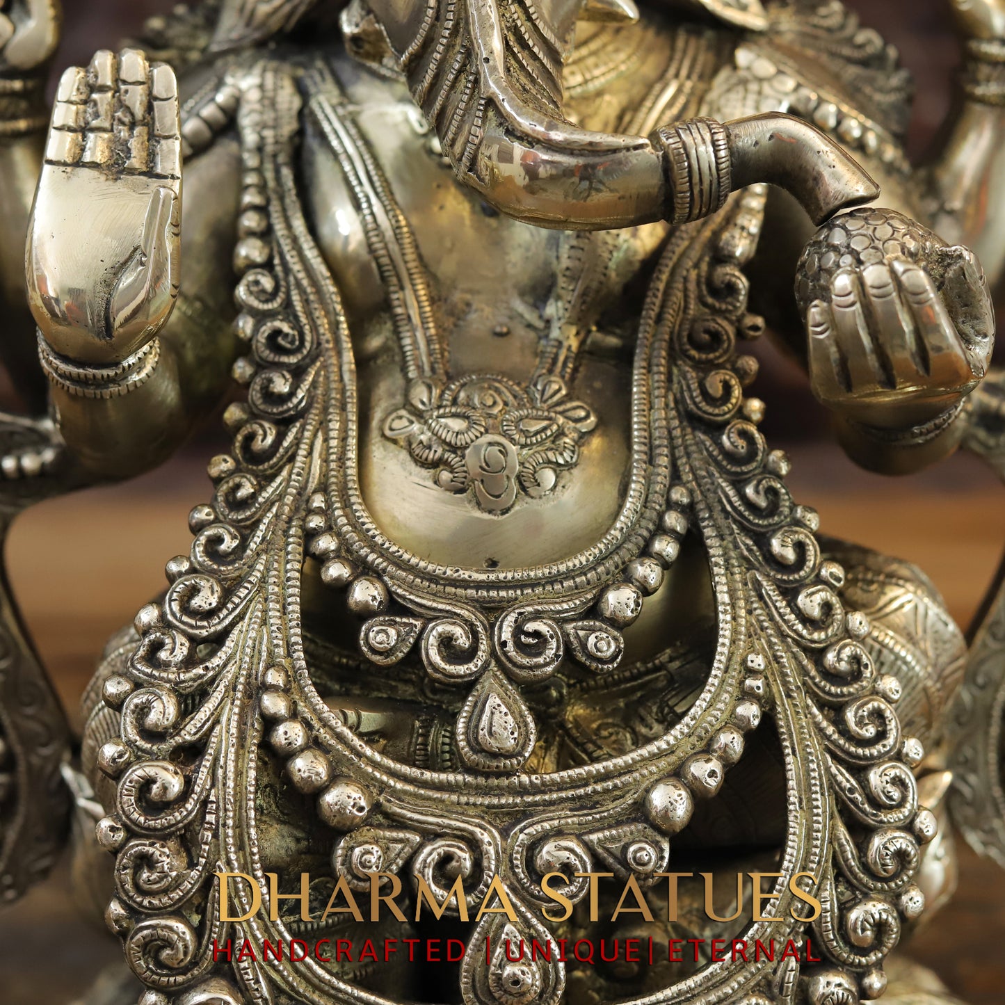 Brass Lakshmi & Ganesh seated on Lotus, Blessing Posture, Fine Golden Finish, 16"