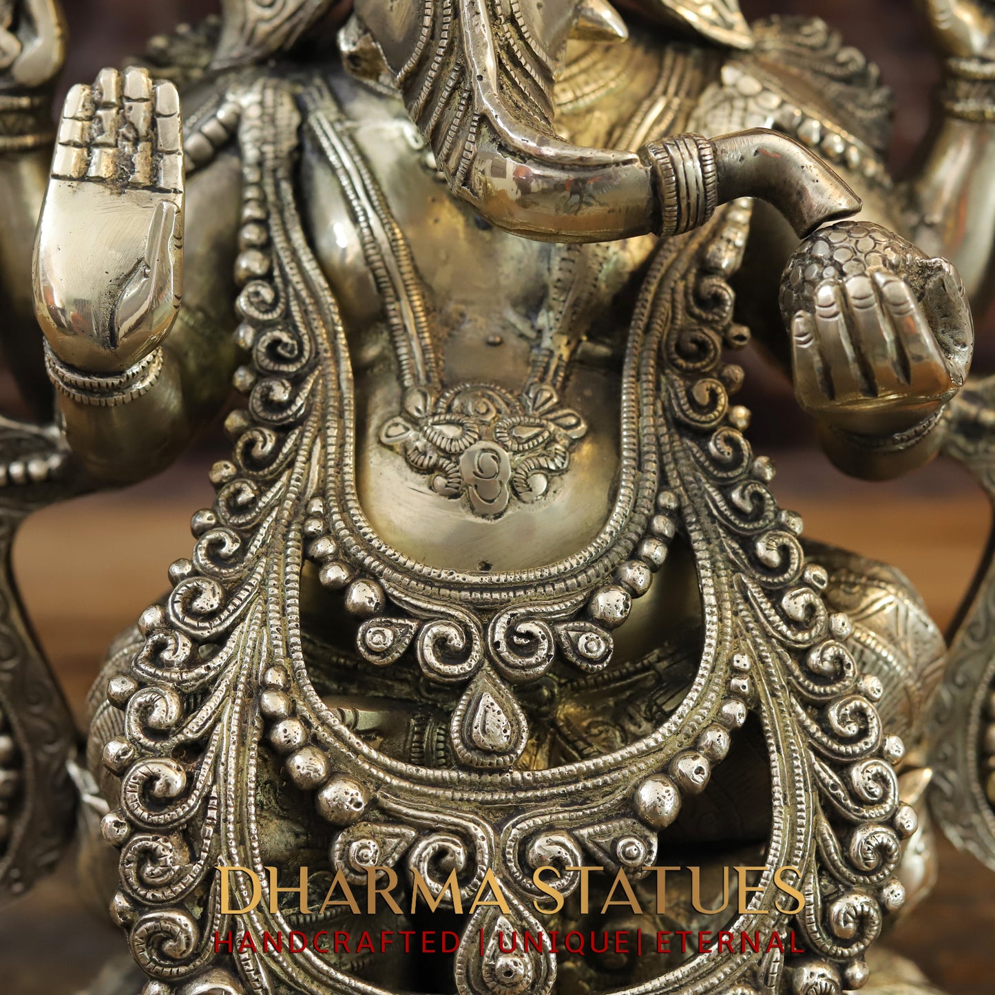 Brass Ganesh seated on Lotus, Blessing Posture, Fine Golden Finish, 16"