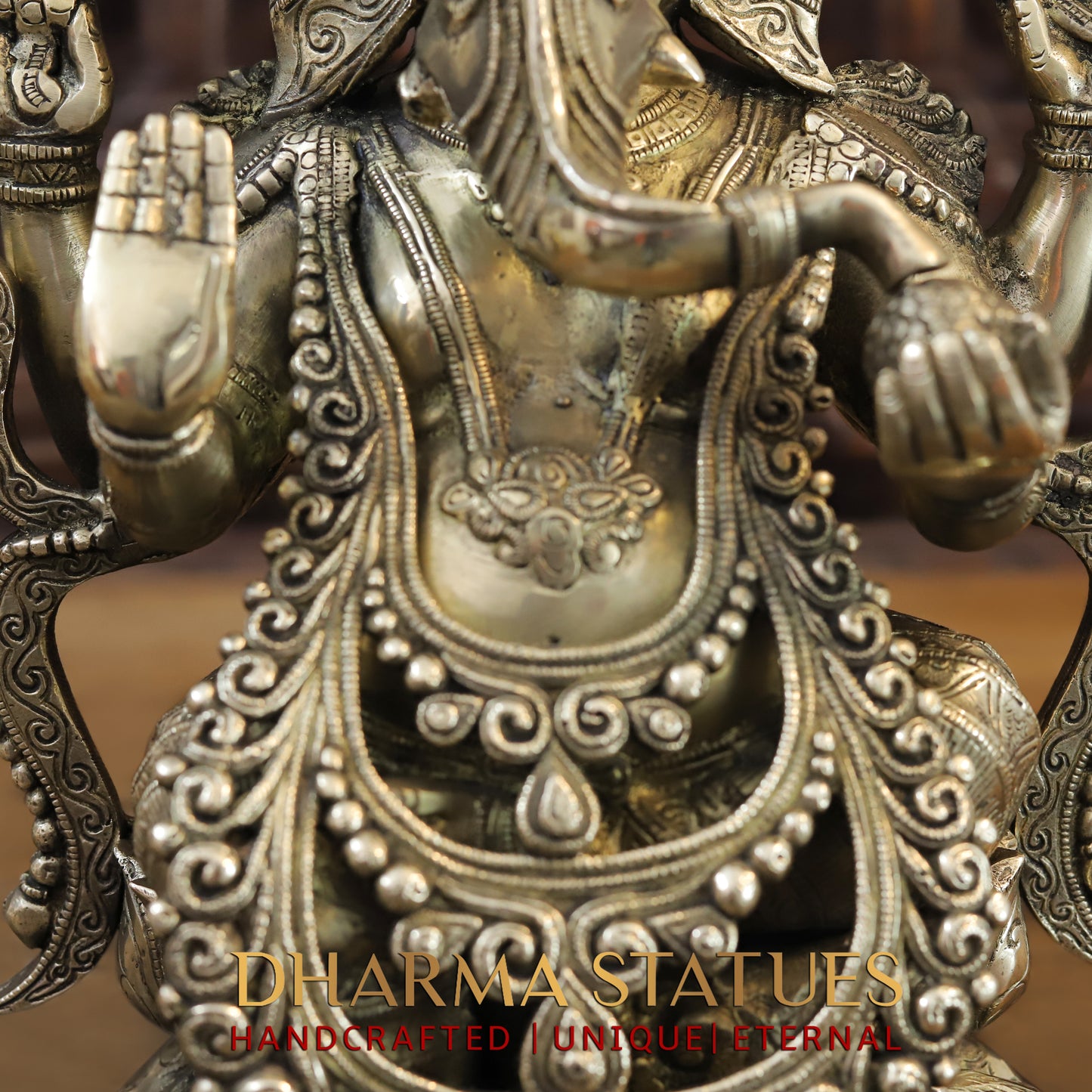 Brass Ganesh seated on Lotus, Blessing Posture, Fine Golden Finish, 16"
