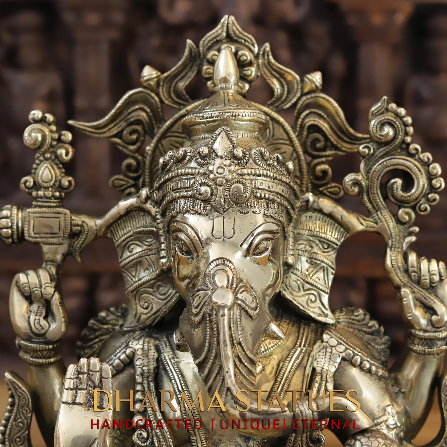 Brass Lakshmi & Ganesh seated on Lotus, Blessing Posture, Fine Golden Finish, 16"