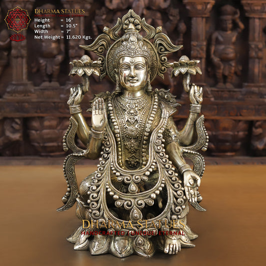 Brass Lakshmi seated on Lotus, Blessing Posture, Fine Golden Finish, 16"