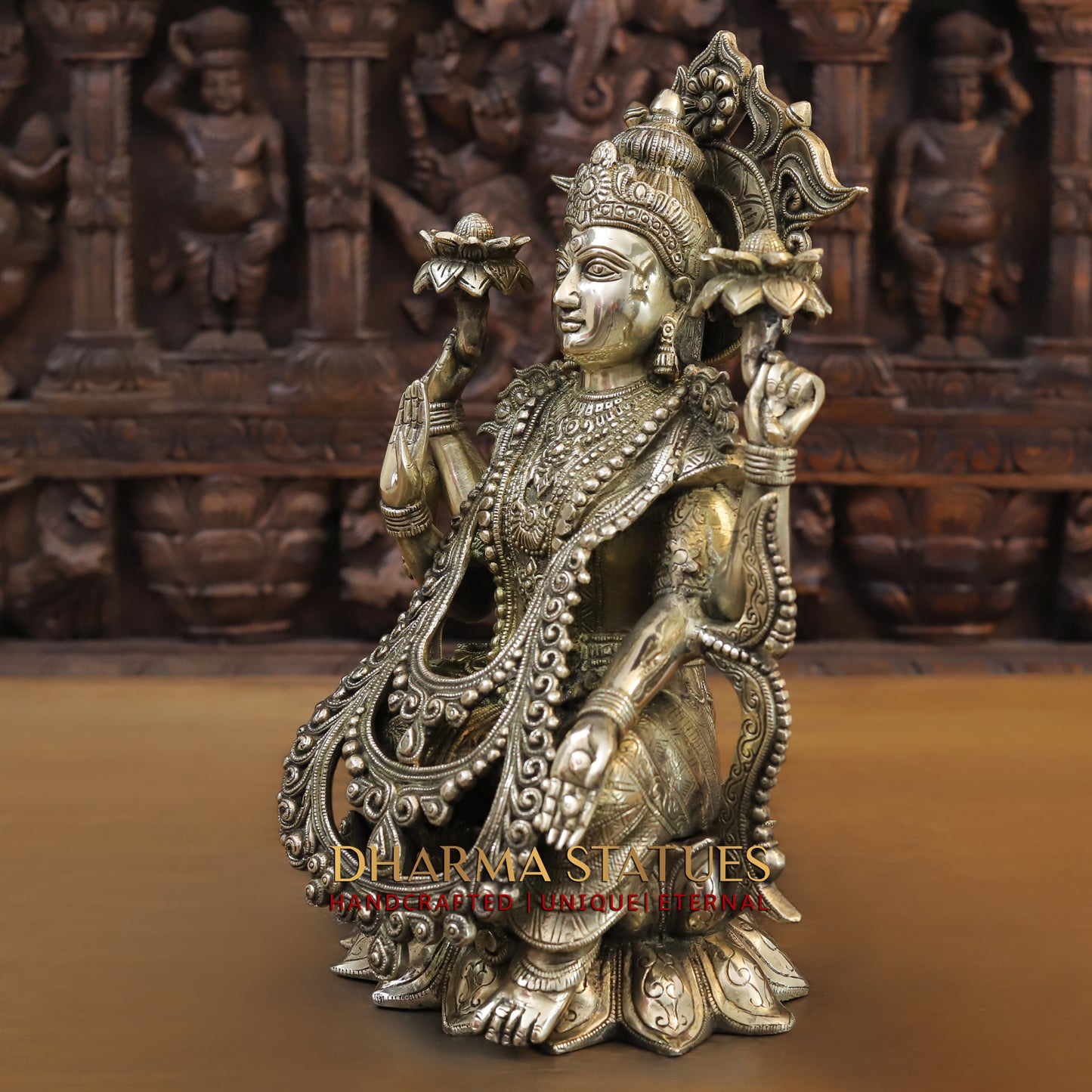 Brass Lakshmi seated on Lotus, Blessing Posture, Fine Golden Finish, 16"