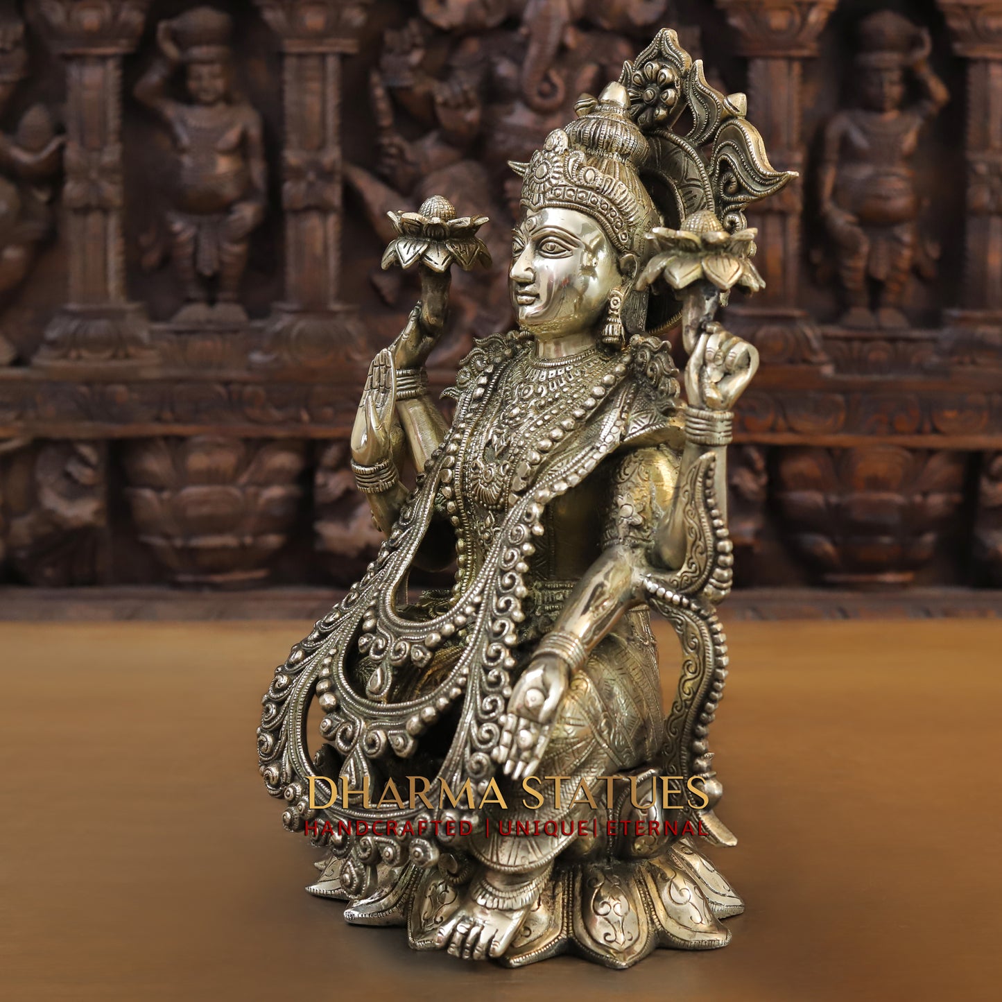 Brass Lakshmi & Ganesh seated on Lotus, Blessing Posture, Fine Golden Finish, 16"