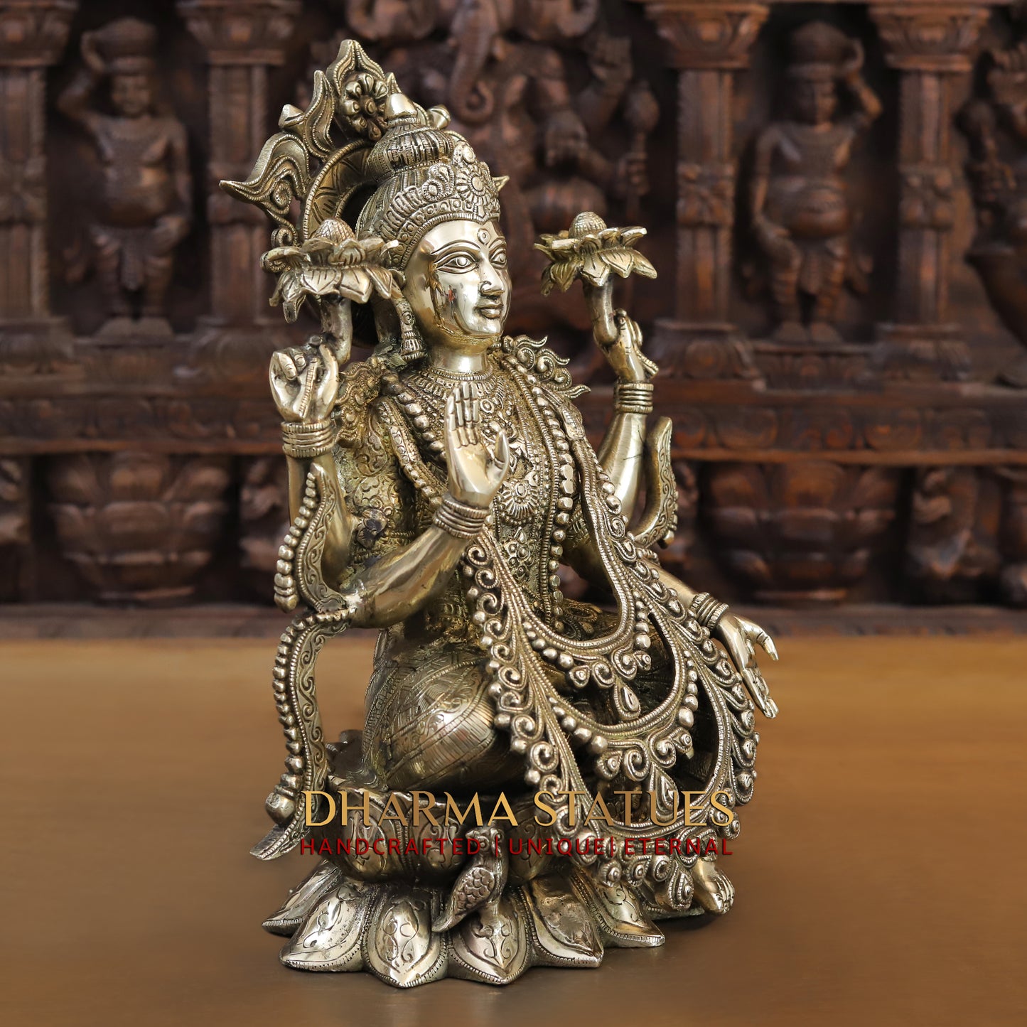 Brass Lakshmi seated on Lotus, Blessing Posture, Fine Golden Finish, 16"