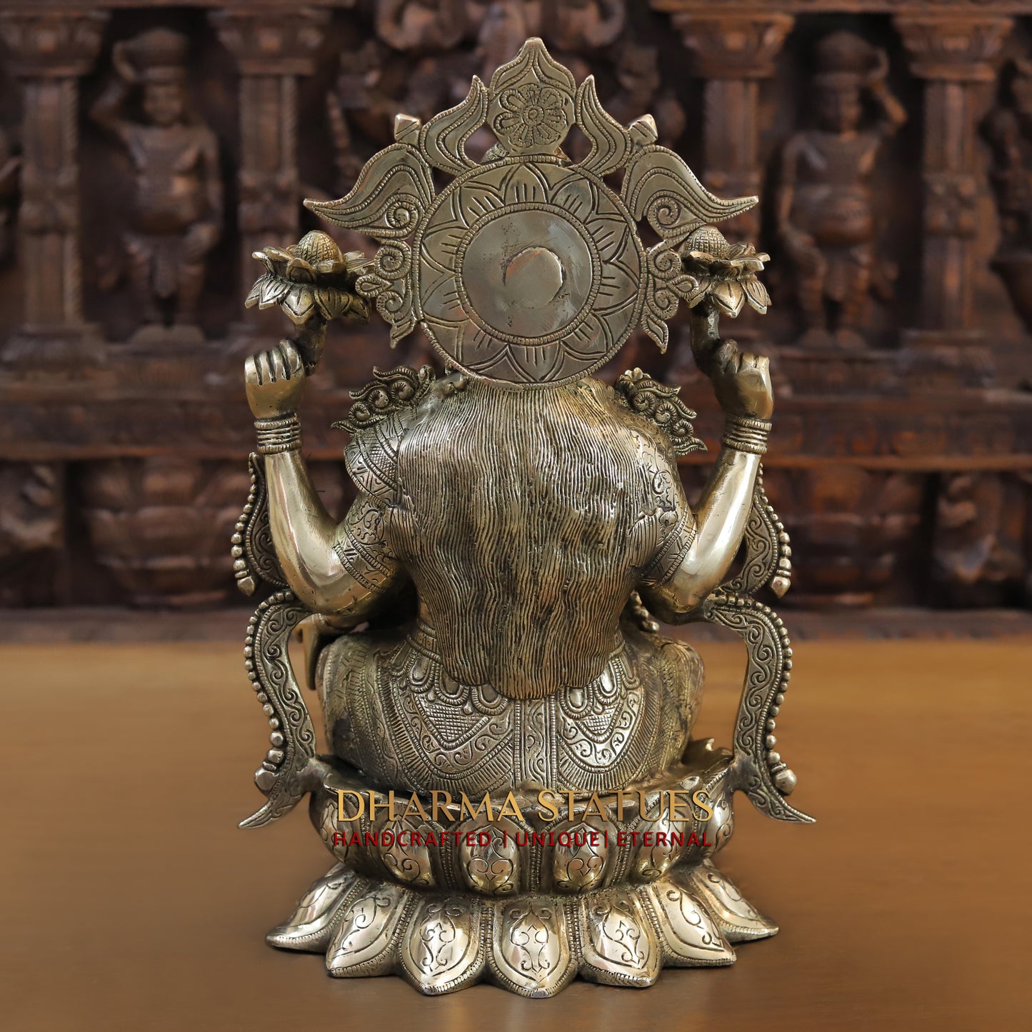 Brass Lakshmi & Ganesh seated on Lotus, Blessing Posture, Fine Golden Finish, 16"