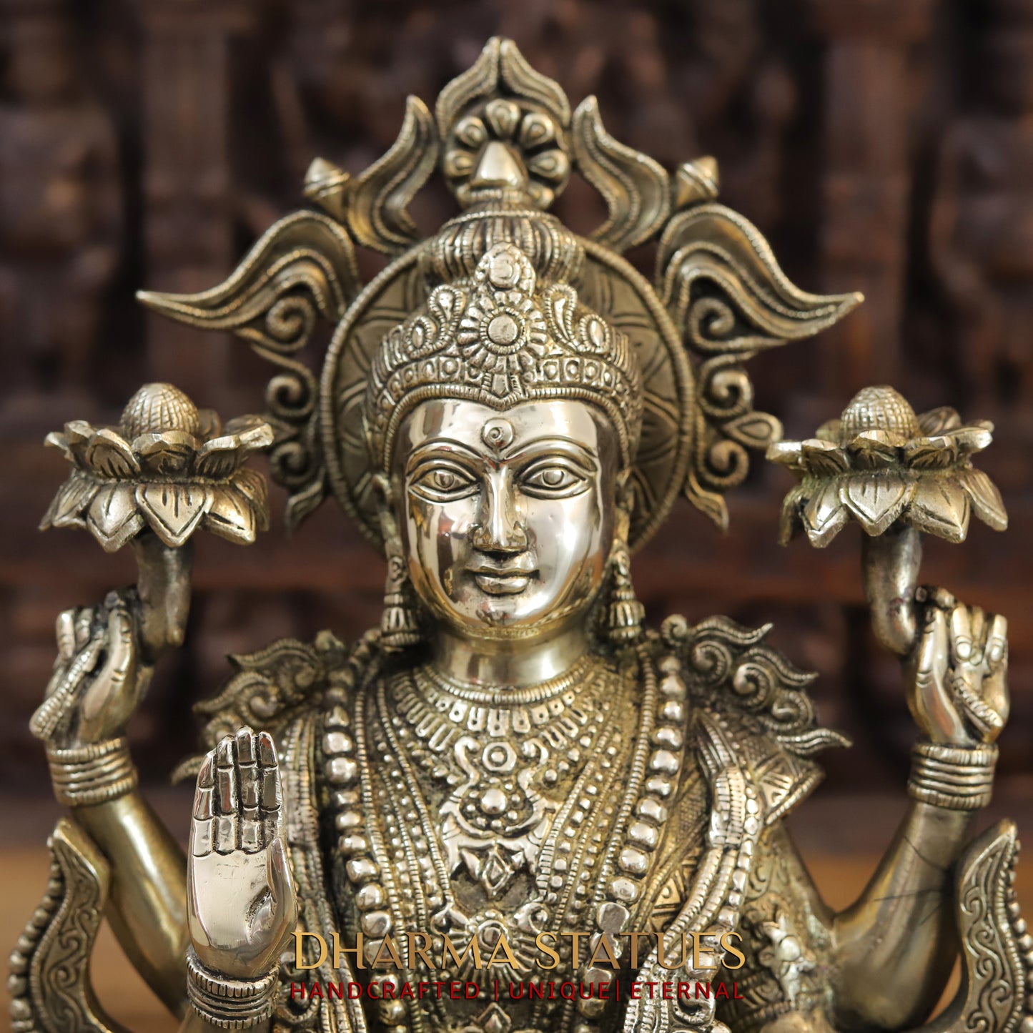 Brass Lakshmi seated on Lotus, Blessing Posture, Fine Golden Finish, 16"