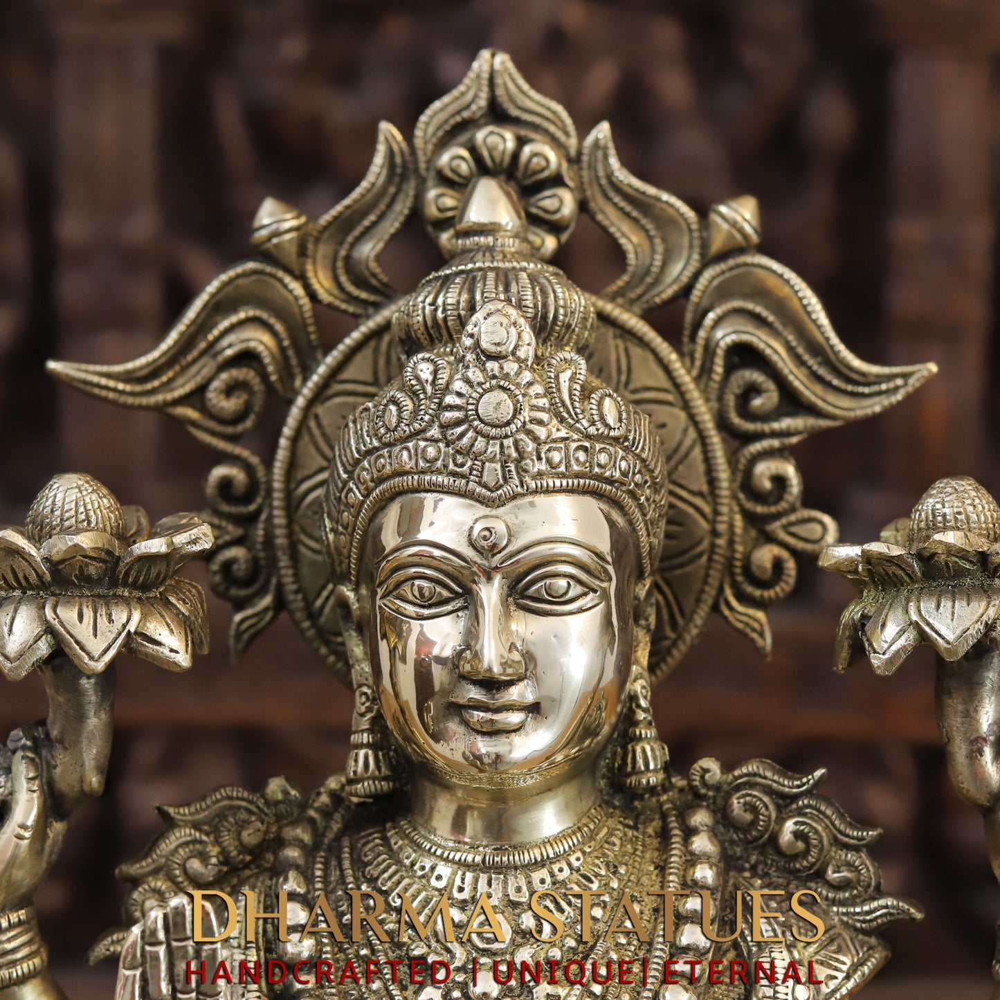 Brass Lakshmi & Ganesh seated on Lotus, Blessing Posture, Fine Golden Finish, 16"