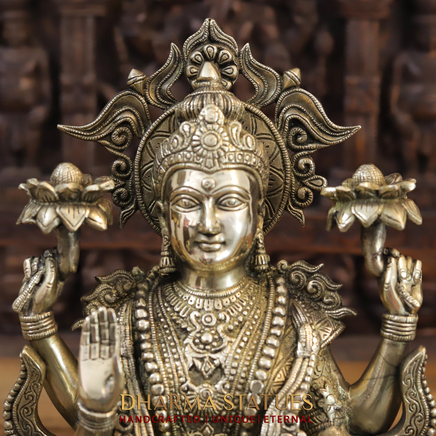 Brass Lakshmi & Ganesh seated on Lotus, Blessing Posture, Fine Golden Finish, 16"