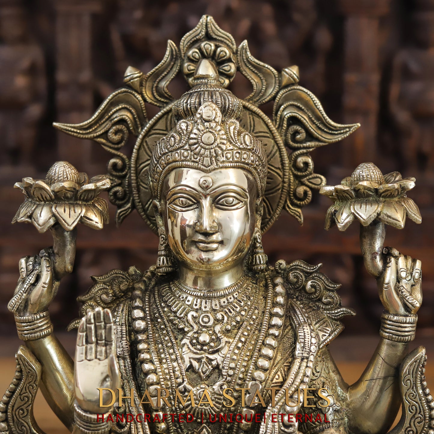 Brass Lakshmi & Ganesh seated on Lotus, Blessing Posture, Fine Golden Finish, 16"