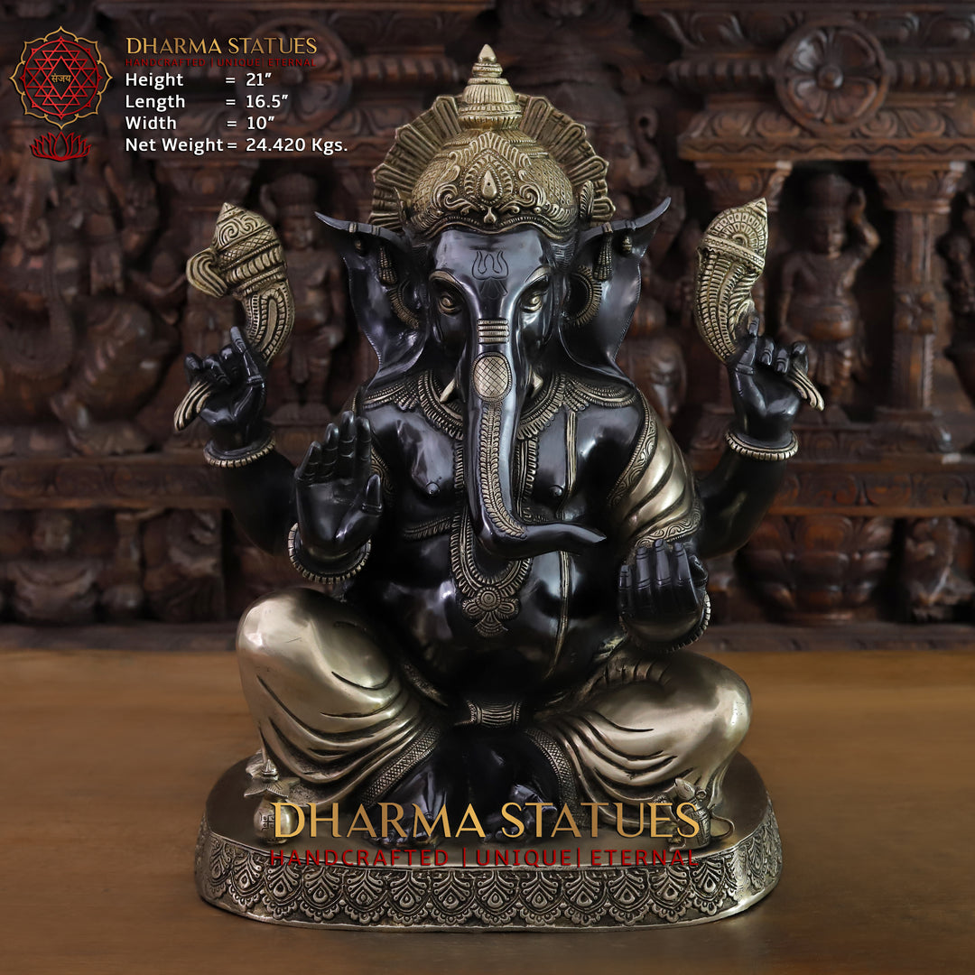 Brass Lord Ganesh Idol, Seated on a Base, Black Patina and Golden Finish 21" Front View