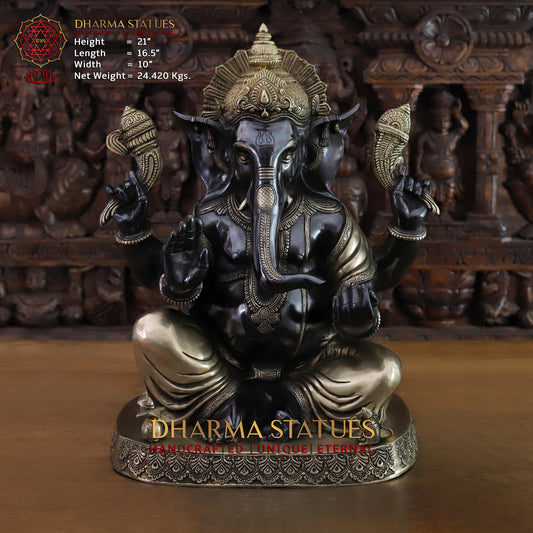 Brass Ganesh seated on Base, Black Patina & Golden Finish, 21"