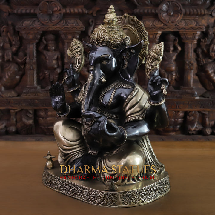 Brass Lord Ganesh Idol, Seated on a Base, Black Patina and Golden Finish 21"