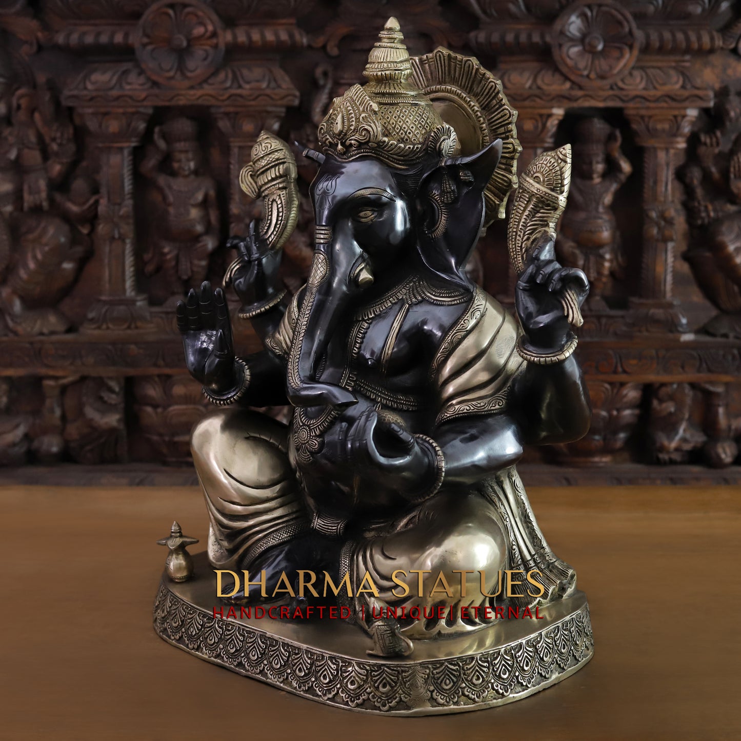 Brass Ganesh seated on Base, Black Patina & Golden Finish, 21"