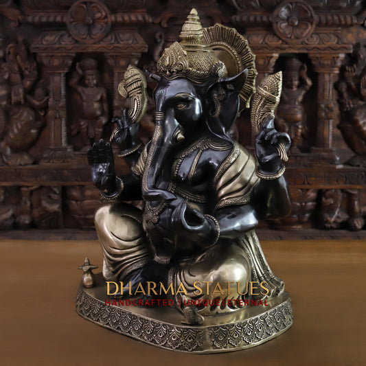 Brass Ganesh seated on Base, Black Patina & Golden Finish, 21"