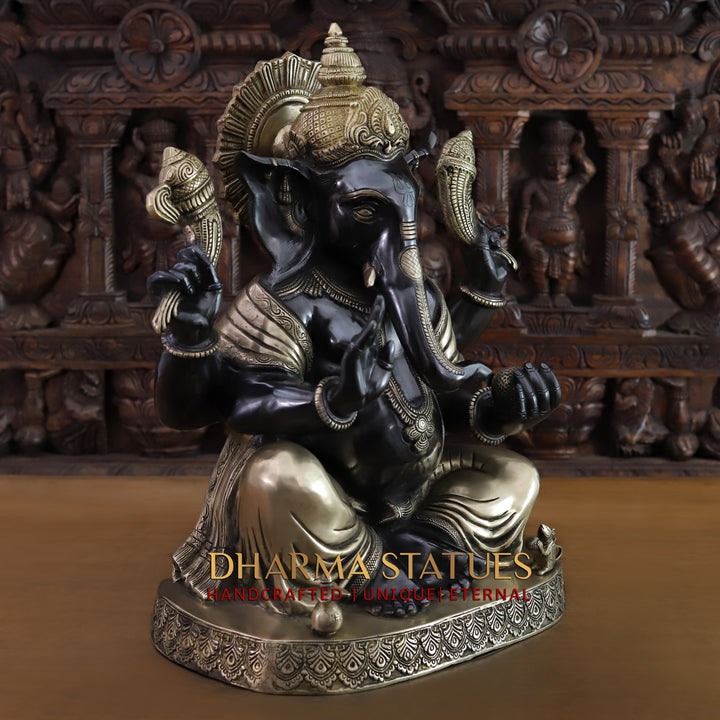 Brass Lord Ganesh Idol, Seated on a Base, Black Patina and Golden Finish 21"