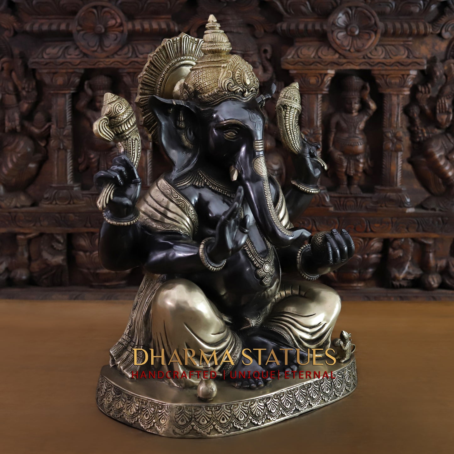 Brass Ganesh seated on Base, Black Patina & Golden Finish, 21"