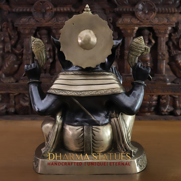 Brass Lord Ganesh Idol, Seated on a Base, Black Patina and Golden Finish 21"