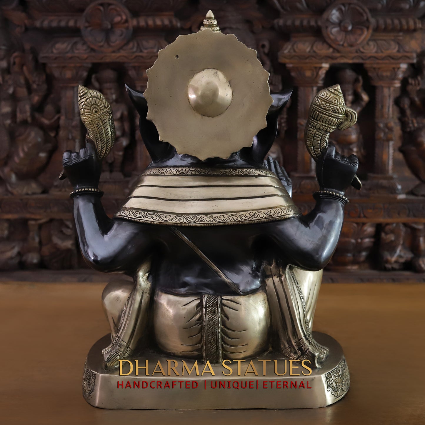 Brass Ganesh seated on Base, Black Patina & Golden Finish, 21"