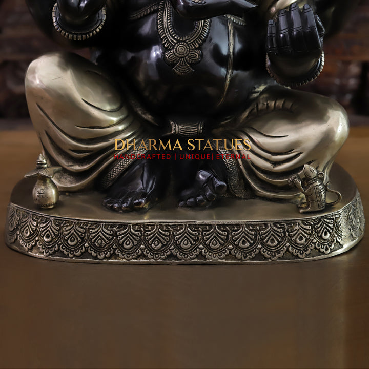 Brass Lord Ganesh Idol, Seated on a Base, Black Patina and Golden Finish 21"