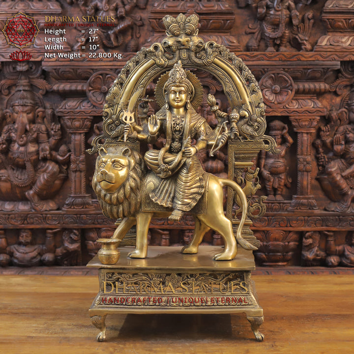 Brass Durga with Frame Statue, Maa Durga is Sitting on the Myghti Lion. 27"