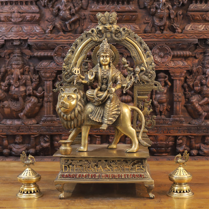 Brass Durga with Frame Statue, Maa Durga is Sitting on the Myghti Lion. 27"