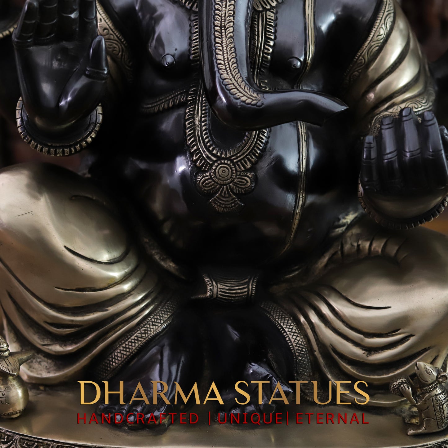 Brass Ganesh seated on Base, Black Patina & Golden Finish, 21"