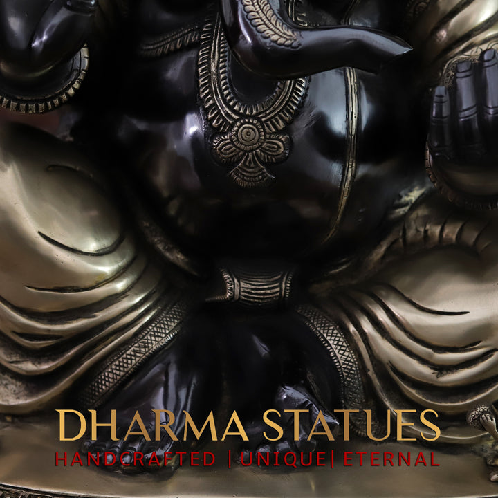 Brass Lord Ganesh Idol, Seated on a Base, Black Patina and Golden Finish 21"