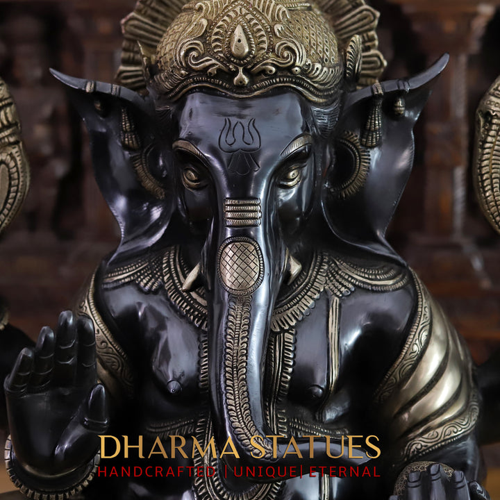 Brass Lord Ganesh Idol, Seated on a Base, Black Patina and Golden Finish 21"