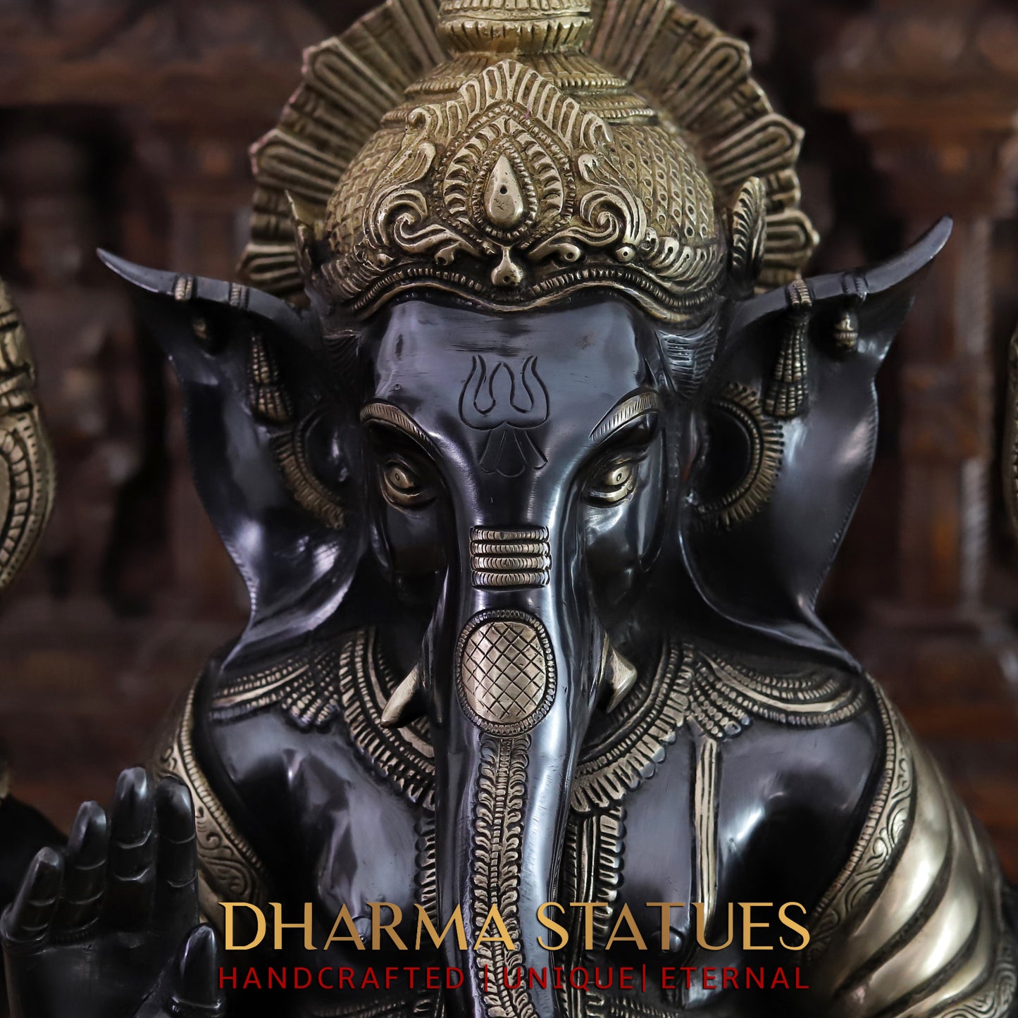 Brass Ganesh seated on Base, Black Patina & Golden Finish, 21"